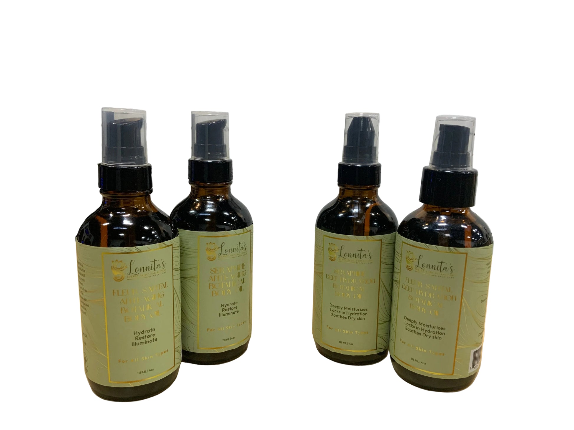 Four bottles of Botanical Body oil oil with serum tops