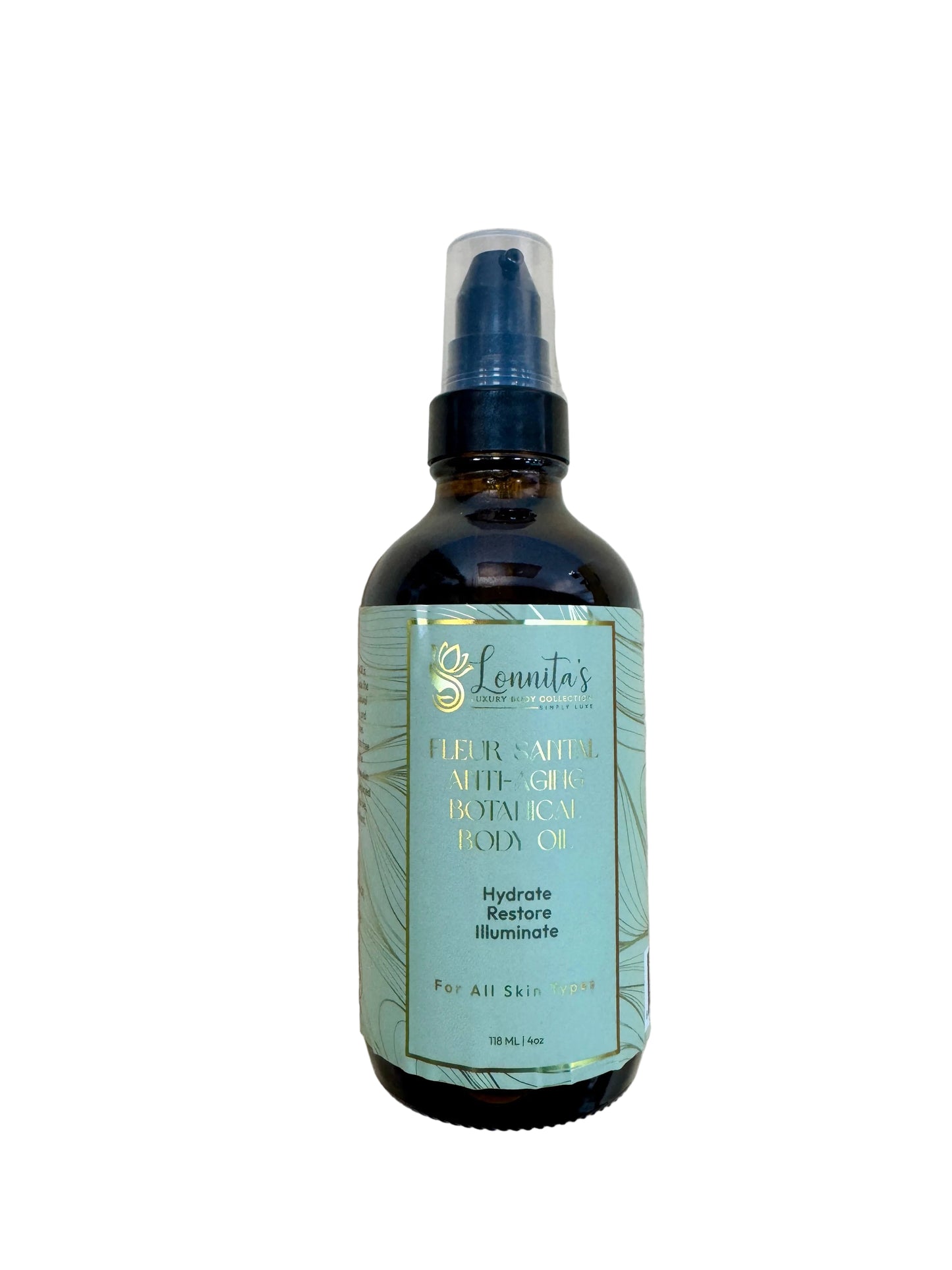 Bottle of Lonnita's Anti-Aging Body Oil with a green label 