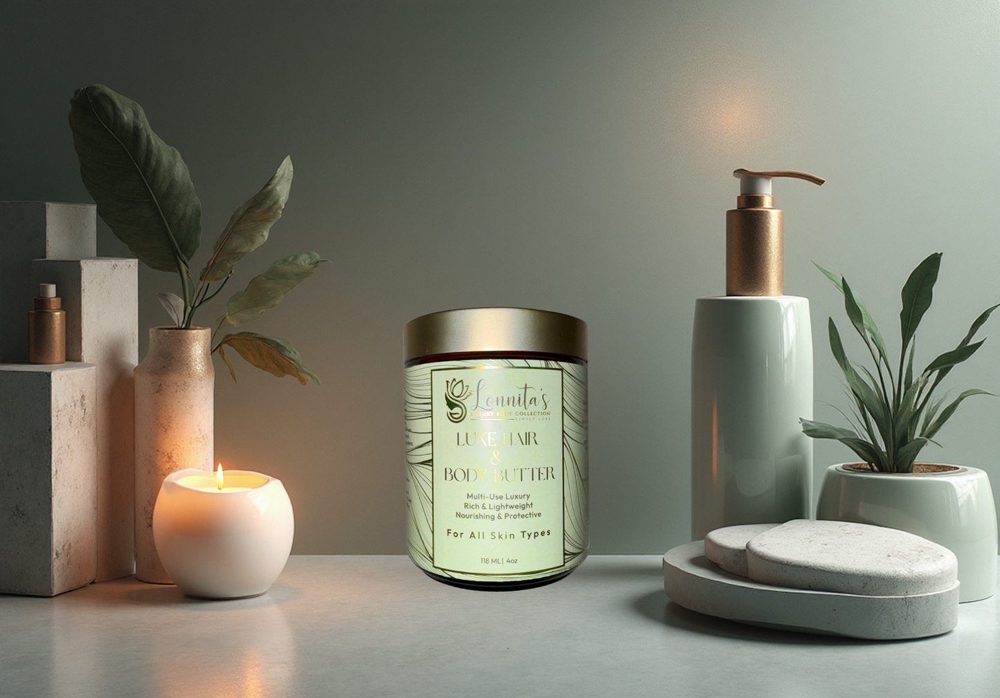 Luxe butter including a candle, jar, and bottles on a neutral background